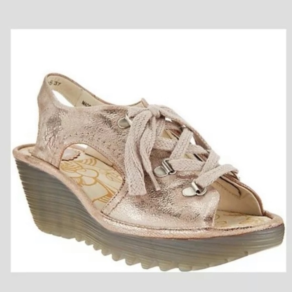 Fly London Metallic Rose Gold Lace-Up Wedge Sandals